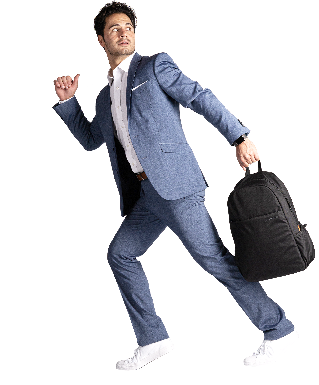 Man in suit, running, with backpack