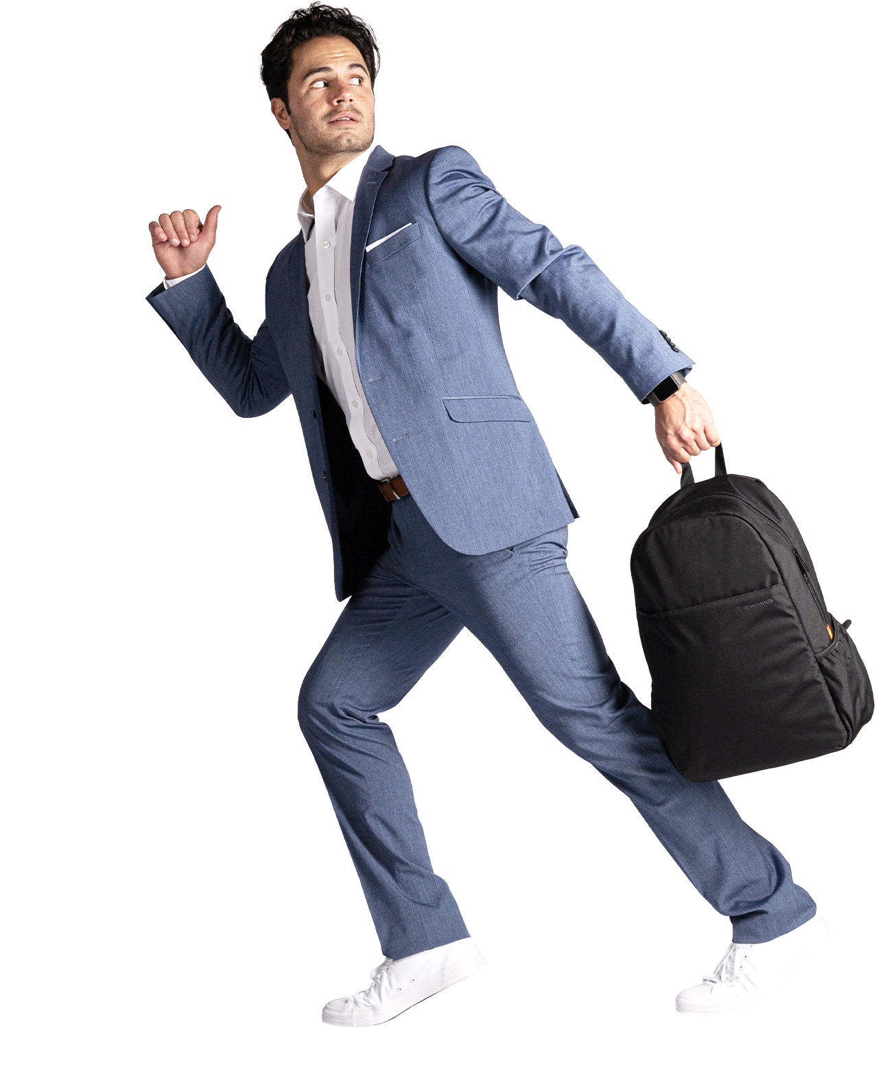 Man in suit, running, with backpack