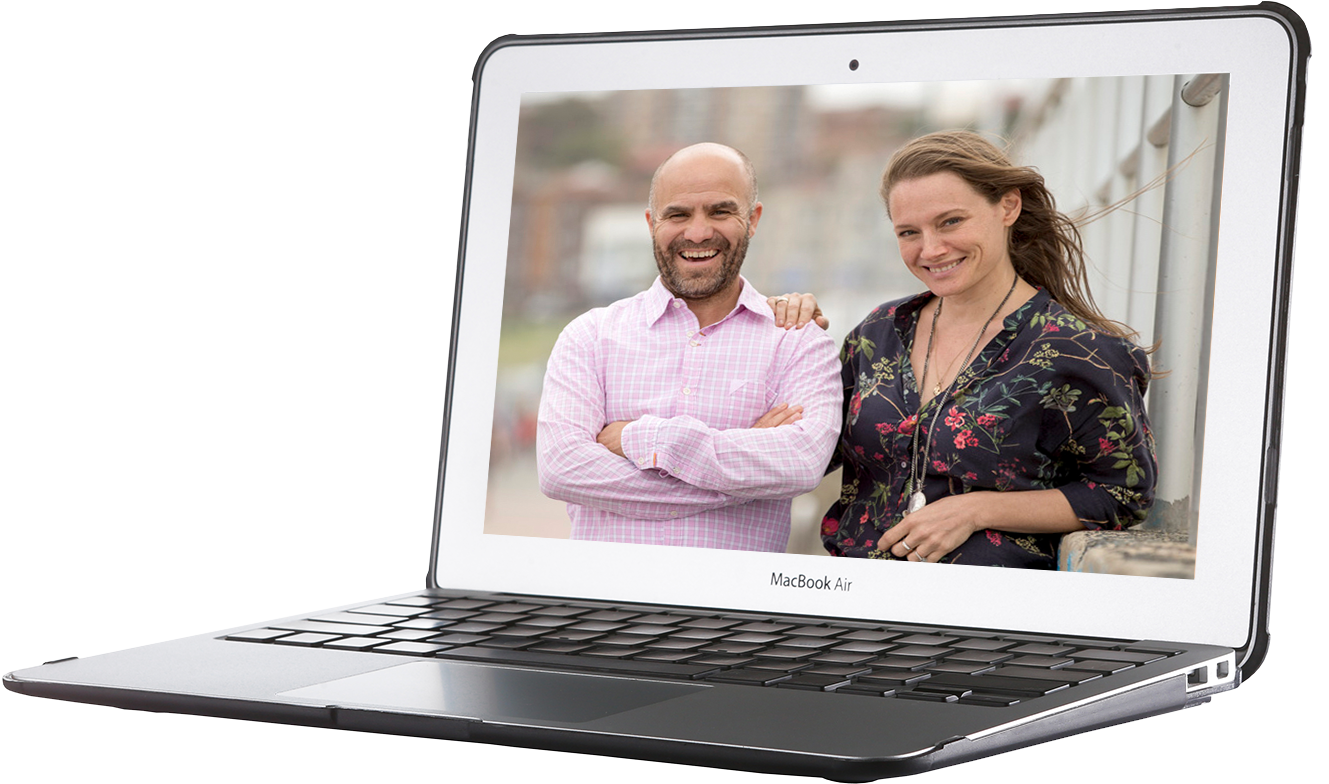 Open laptop, with photo of STM Goods co-founders Ethan Nyholm and Adina Jacobs